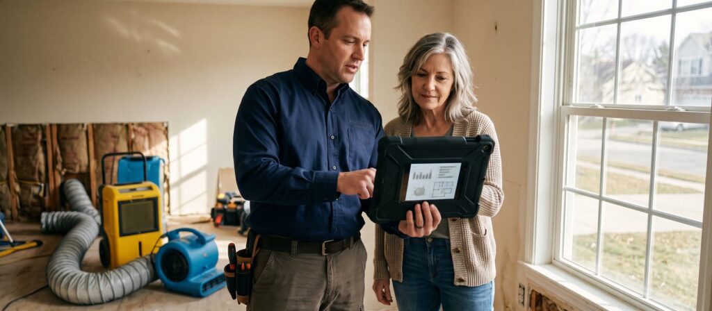 Homeowners reviewing an insurance claim document on a tablet