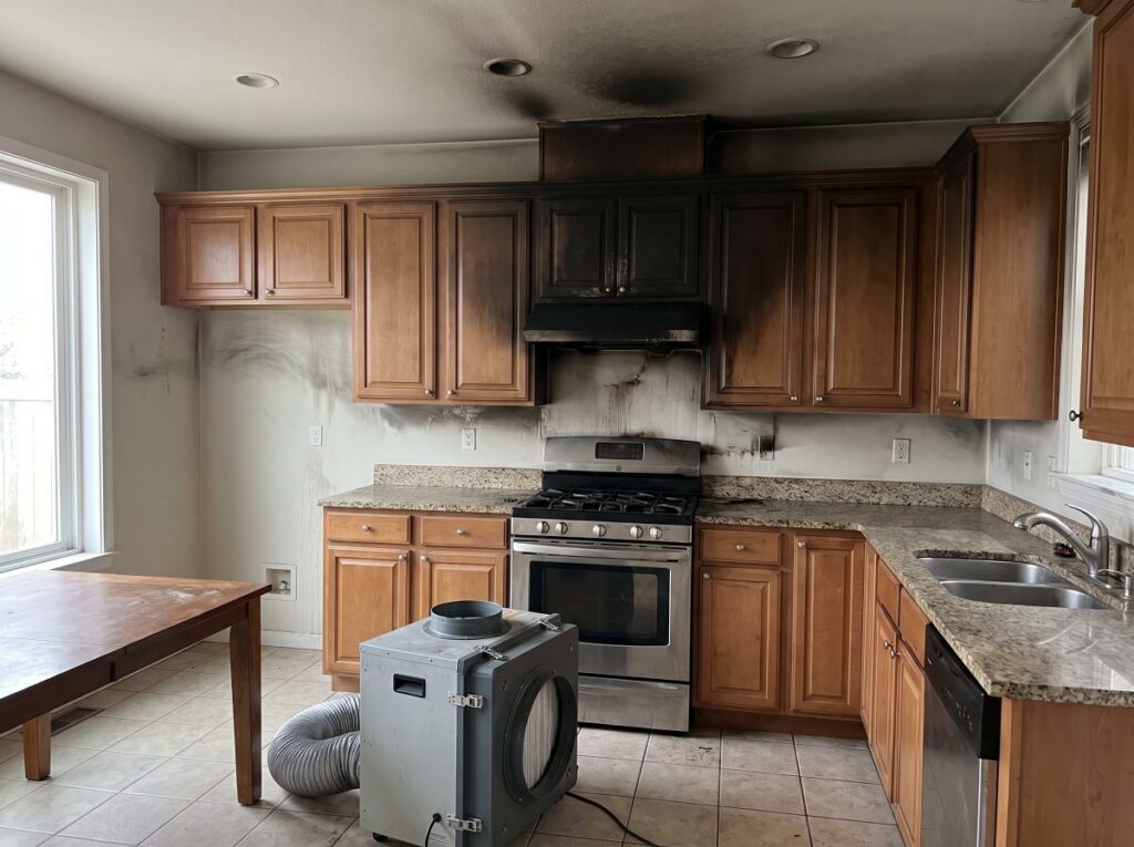 Kitchen with fire and smoke damage and an air scrubber set up for cleanup
