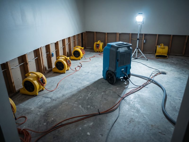 Air movers and a dehumidifier drying a stripped room during restoration
