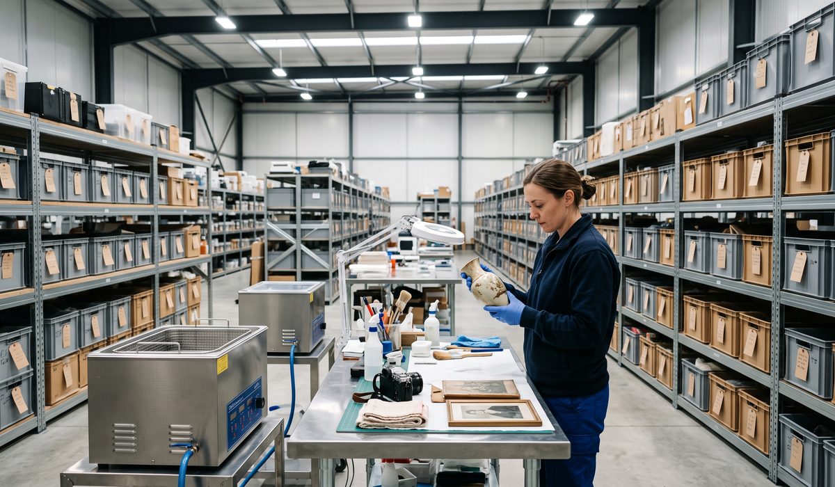 Technician cleaning and inventorying belongings in the contents restoration facility