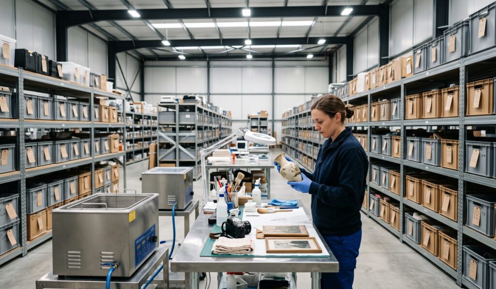 Contents restoration facility with customer belongings inventoried on shelves