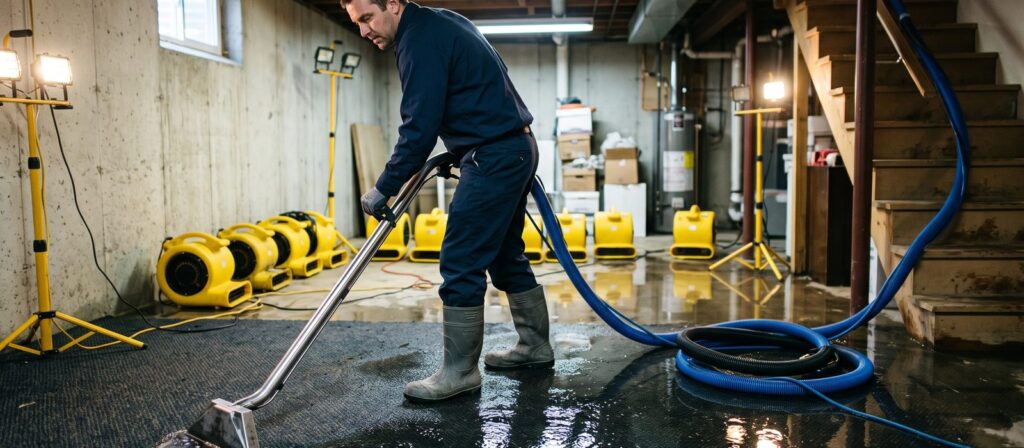Restoration technician extracting standing water from a flooded basement